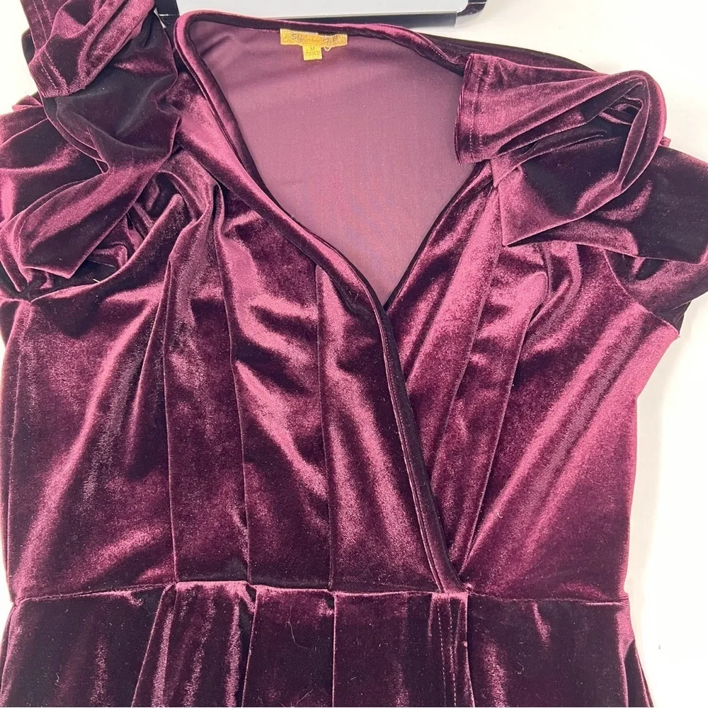 Shinestar Gold Velvet Long Sleeve V Neck Faux Wrap Dress Plum Hi Low Hem Size M